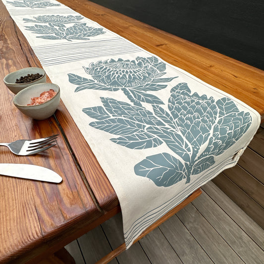 Table Runner Taupe, Blue Green | Protea Print