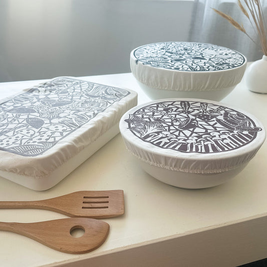 Dish and Bowl Cover 3 Pack | Rectangle and Salad Covers | Mushroom Print