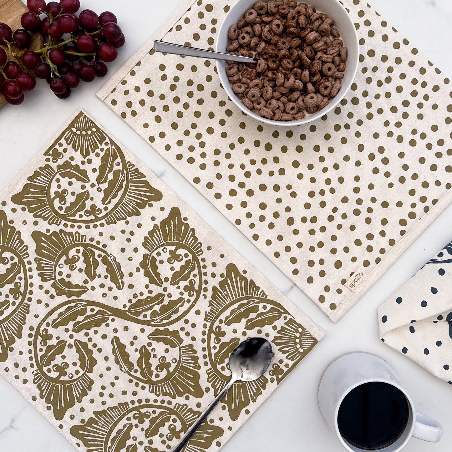 Placemats Reversible Set of 2 | Navy Gold Dots and Madiba Print