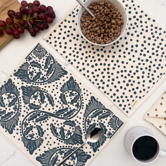 Placemats Reversible Set of 2 | Navy Gold Dots and Madiba Print