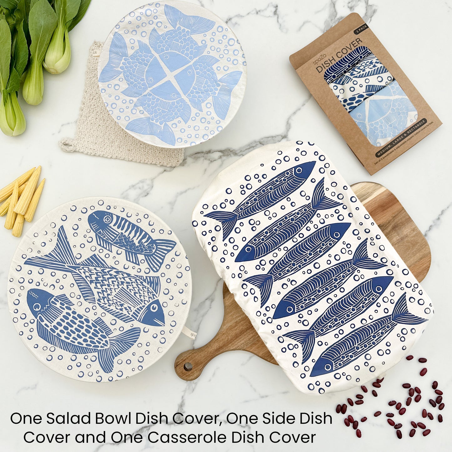 Dish and Bowl Cover 3 Pack | with rectangle and salad covers fish print
