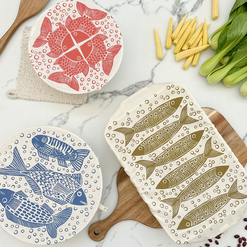 Dish and Bowl Cover 3 Pack | with rectangle and salad covers fish prin ...