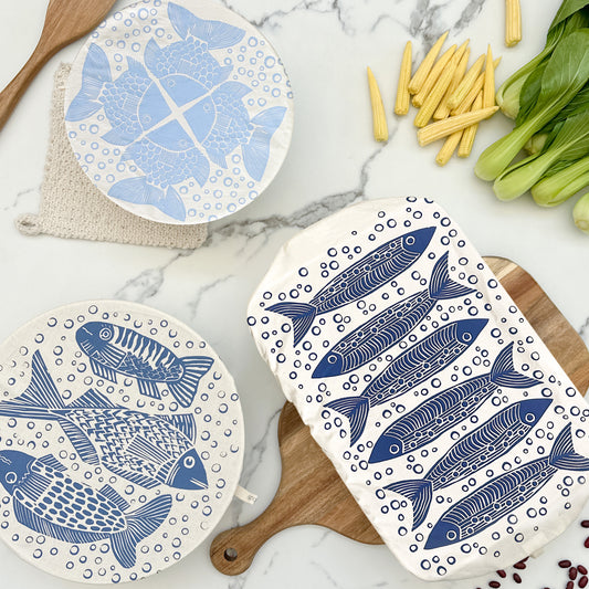 Dish and Bowl Cover 3 Pack | with rectangle and salad covers fish print