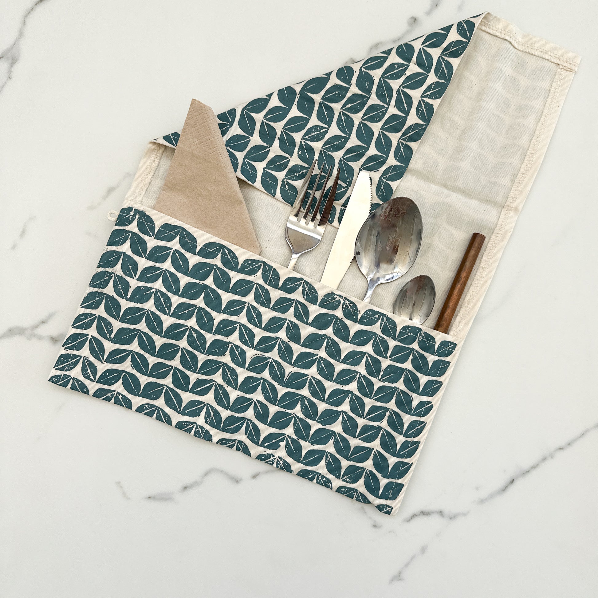 Reusable Cutlery Roll | 5 Compartments & Serviette Pocket