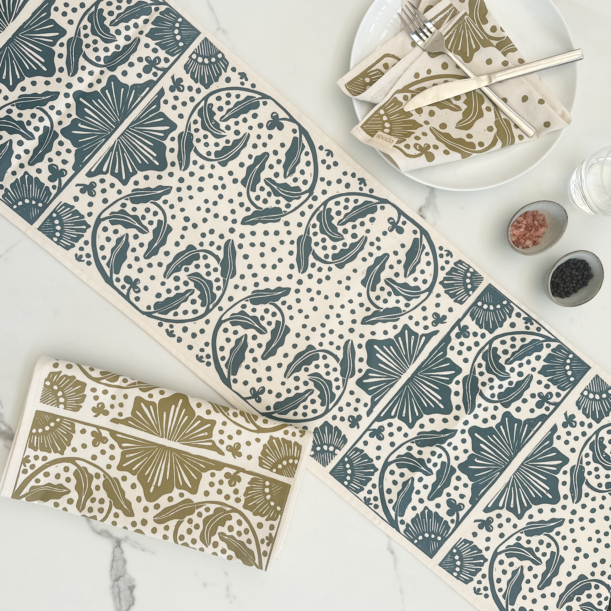 Table Runner 71" and 94" gold/ navy stamp print Madiba series table decor