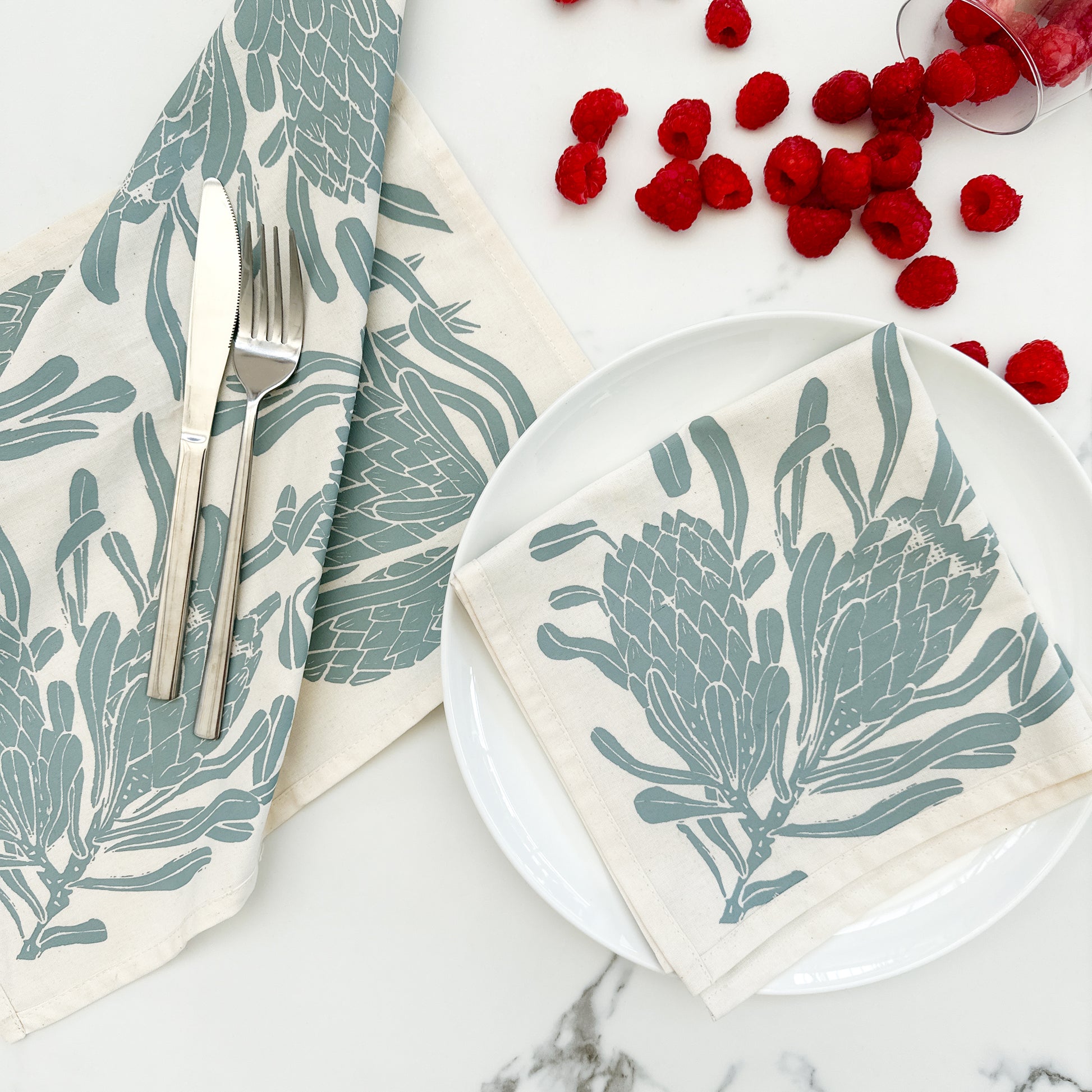 Cotton Table Napkins Blues and Greys | Protea Print
