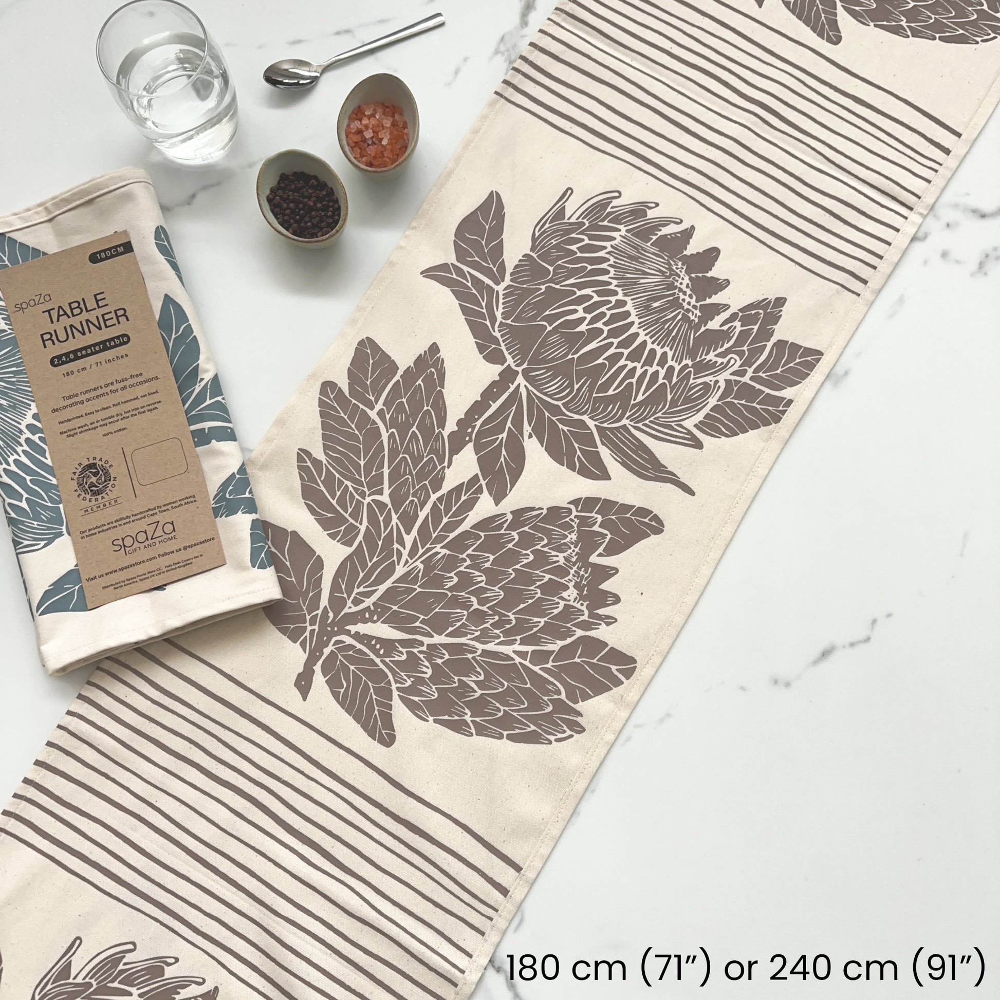 Table Runner Taupe, Blue Green | Protea Print