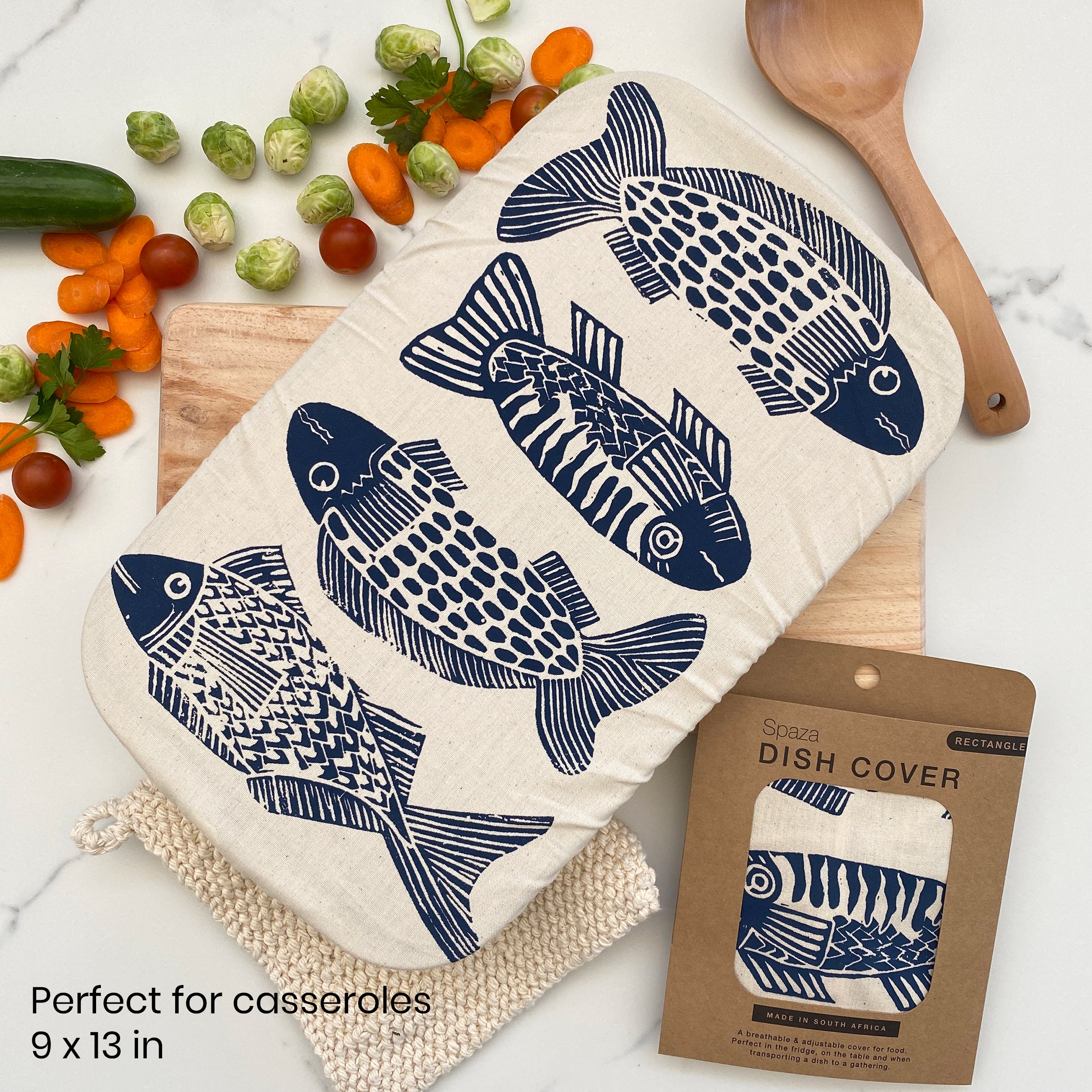 Dish and Casserole Cover Rectangle Fish Print | breathable cover for a casserole dish