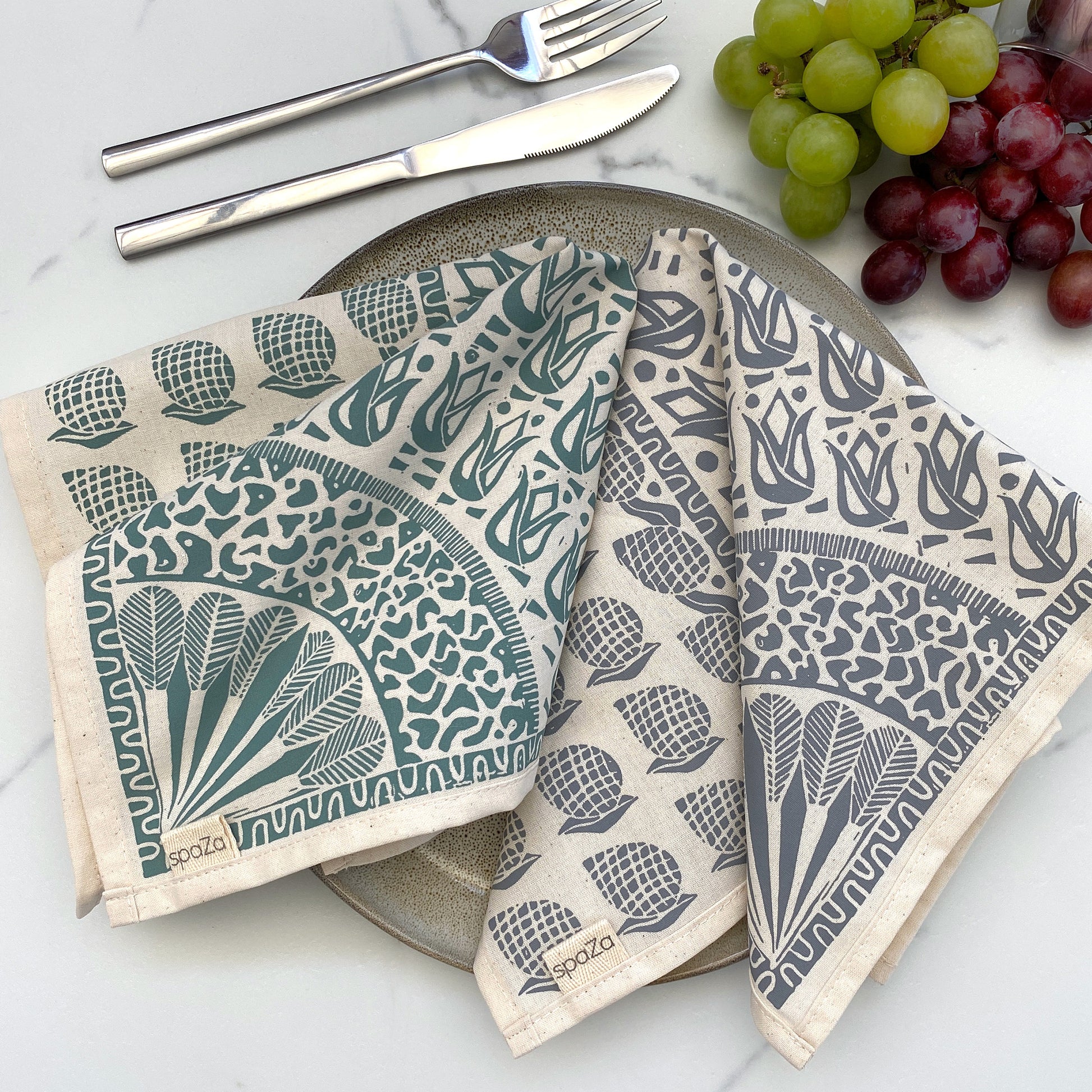 Cotton Table Napkins Greys and Greens | Safari Print